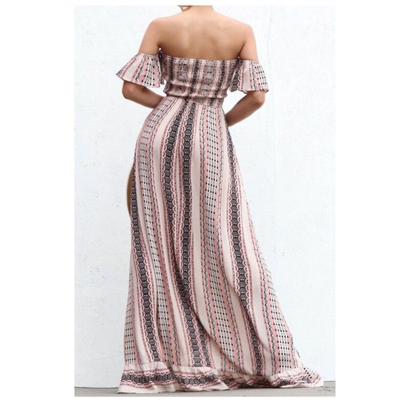 Boho Gypsy Peasant Smocked Off Shoulder Ruffle Maxi Dress Sundress - Picture 5 of 6